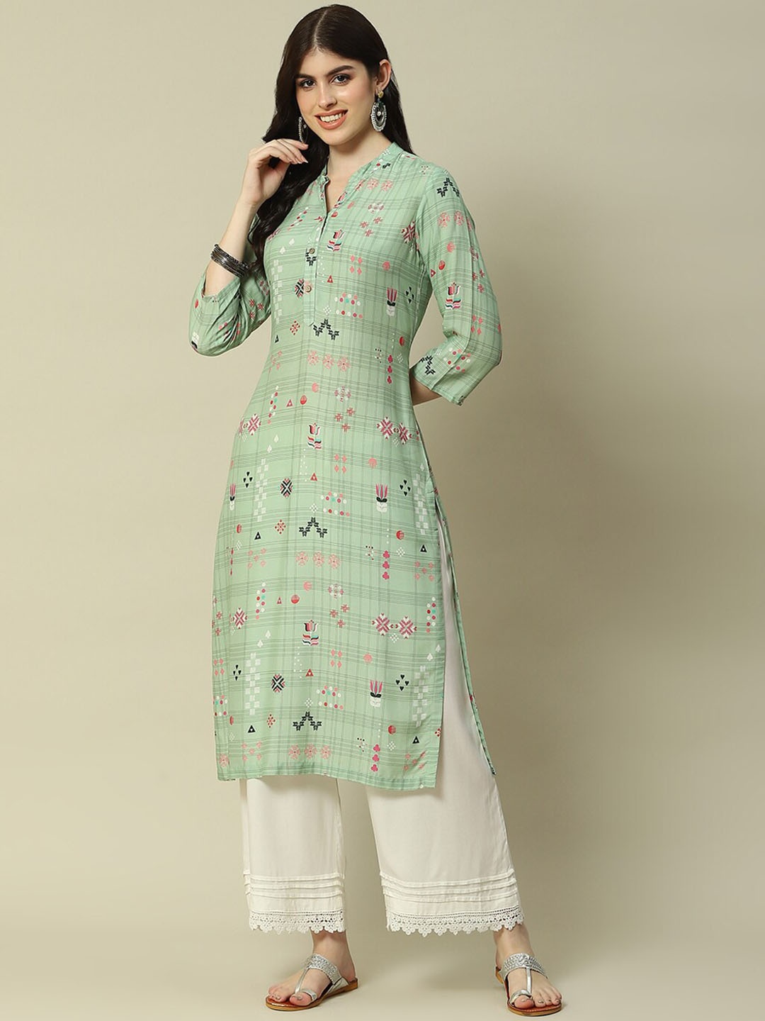 

Rangriti Geometric Printed Mandarin Collar Kurta, Green