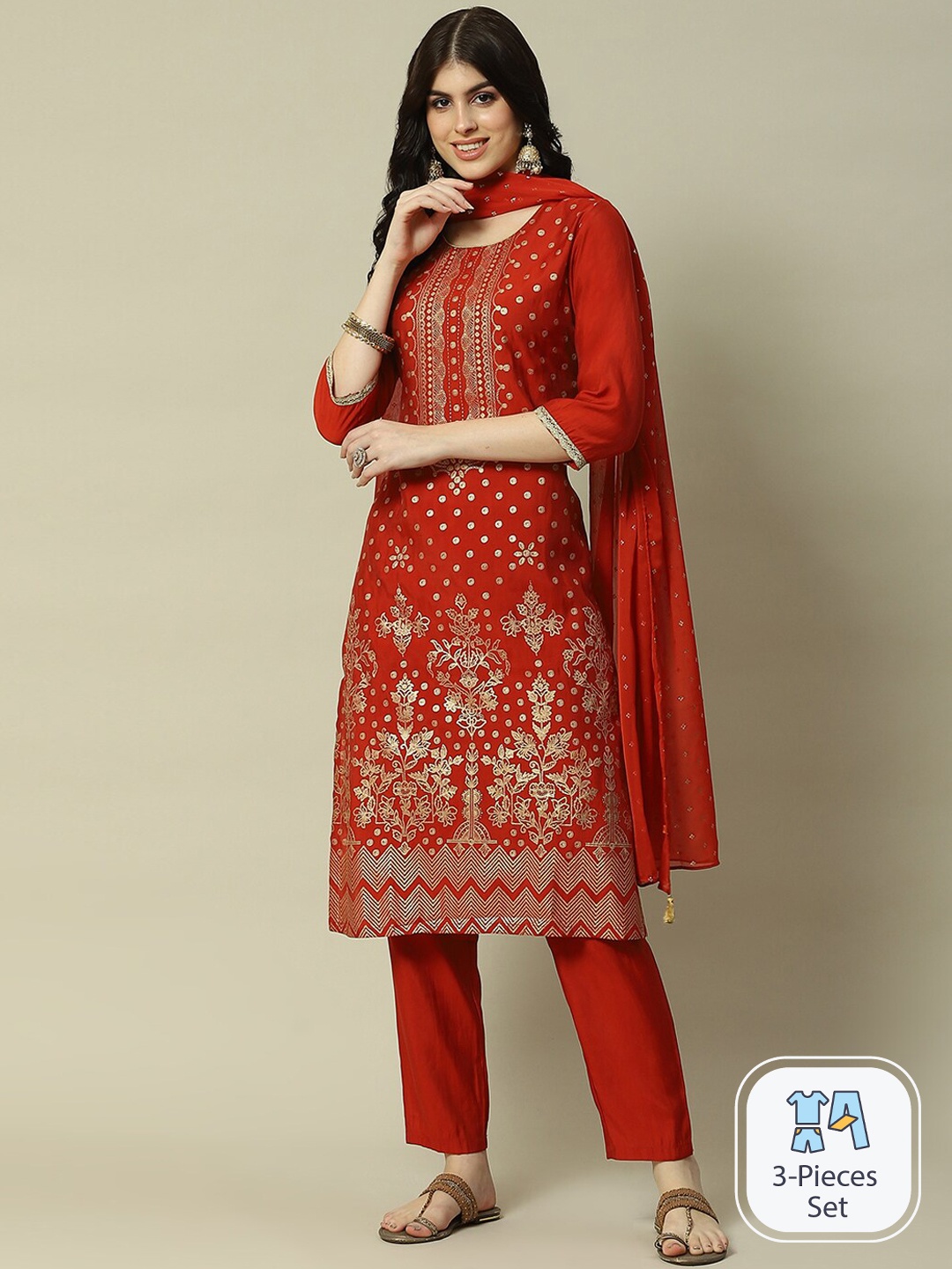 

Rangriti Ethnic Motifs Printed Pure Cotton Kurta with Trousers & With Dupatta, Rust