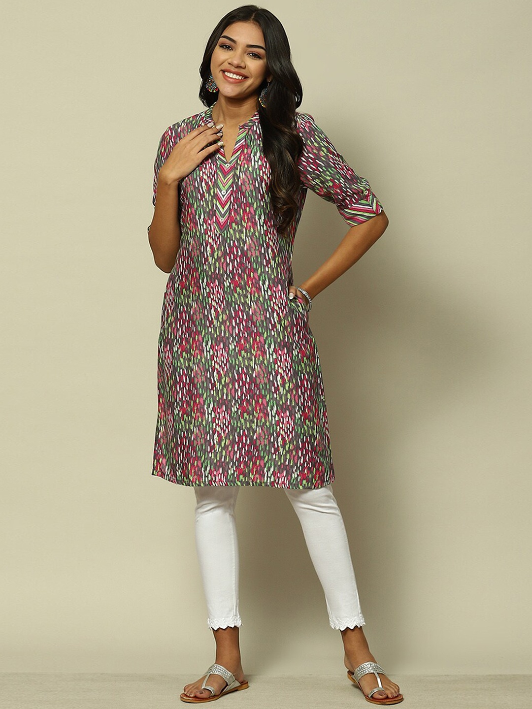 

Rangriti Abstract Printed Band Collar Kurta, Grey