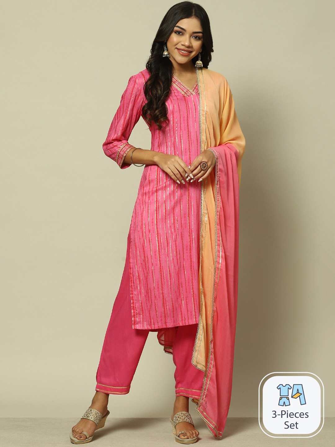 

Rangriti Striped Gotta Patti Kurta with Trousers, Pink