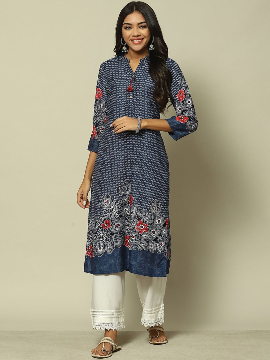 

Rangriti Ethnic Motif Printed Straight Kurta, Navy blue