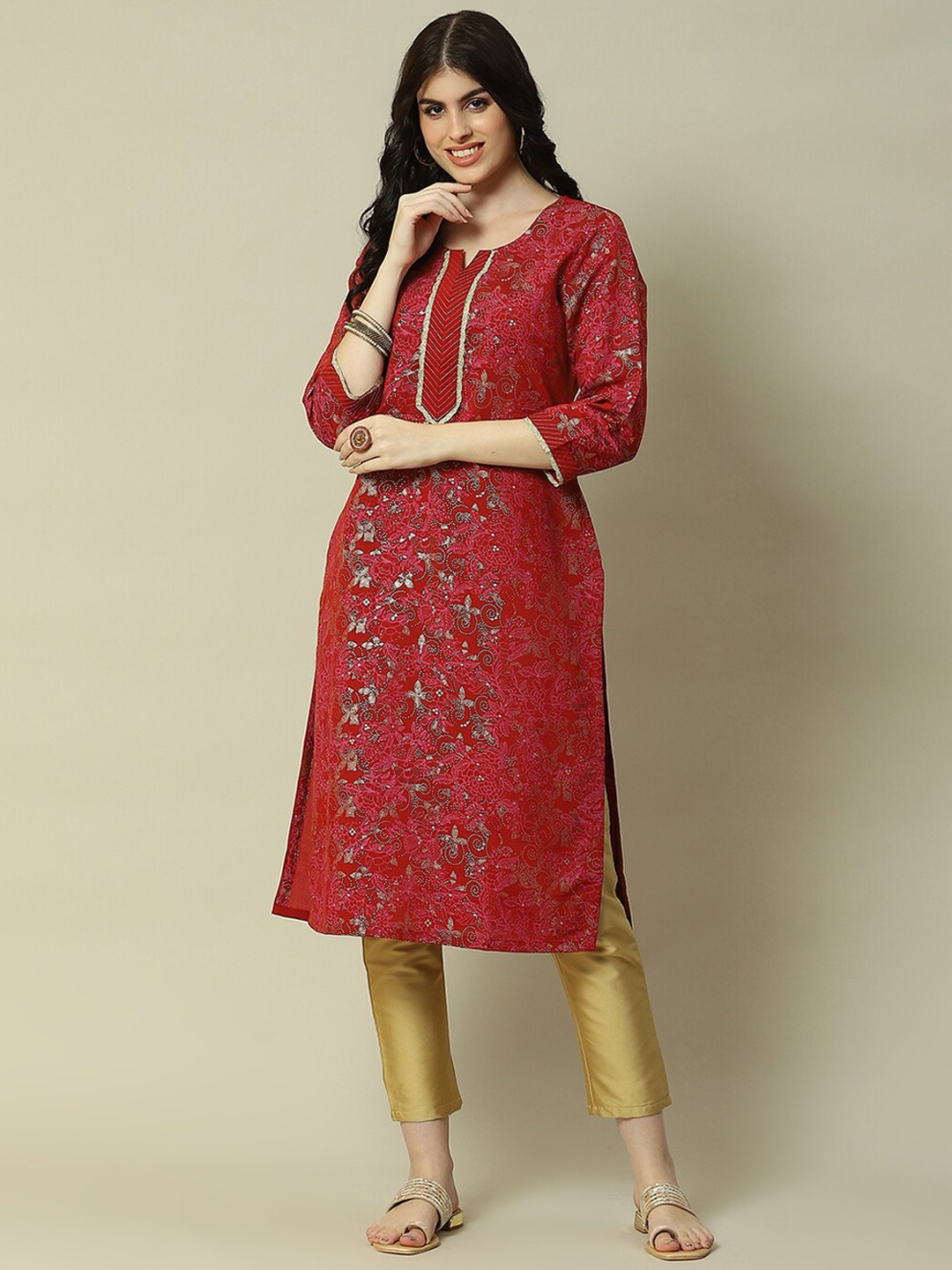 

Rangriti Ethnic Motifs Printed Straight Kurta, Red