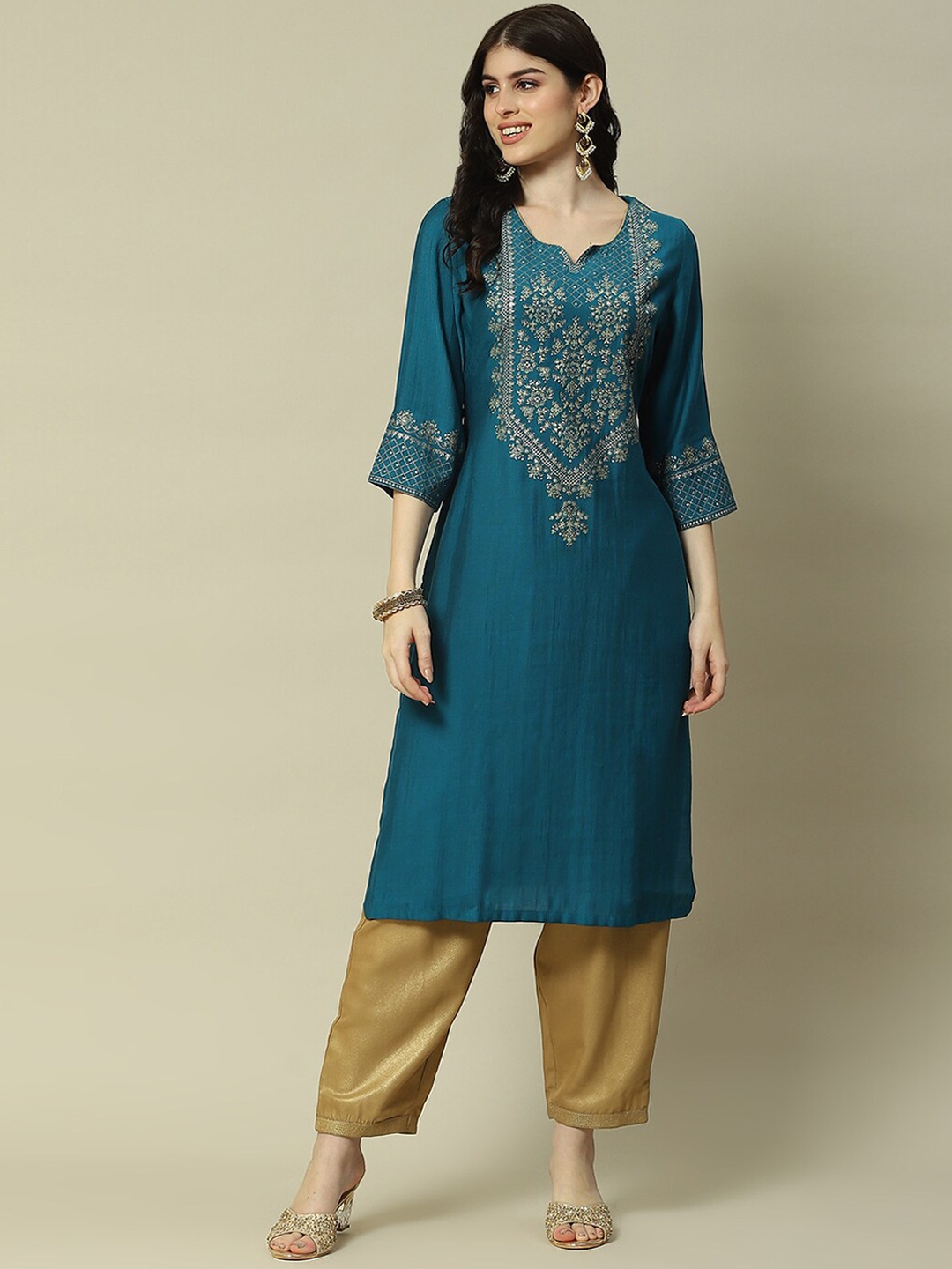 

Rangriti Ethnic Motifs Yoke Design Sequined Straight Regular Kurta, Blue