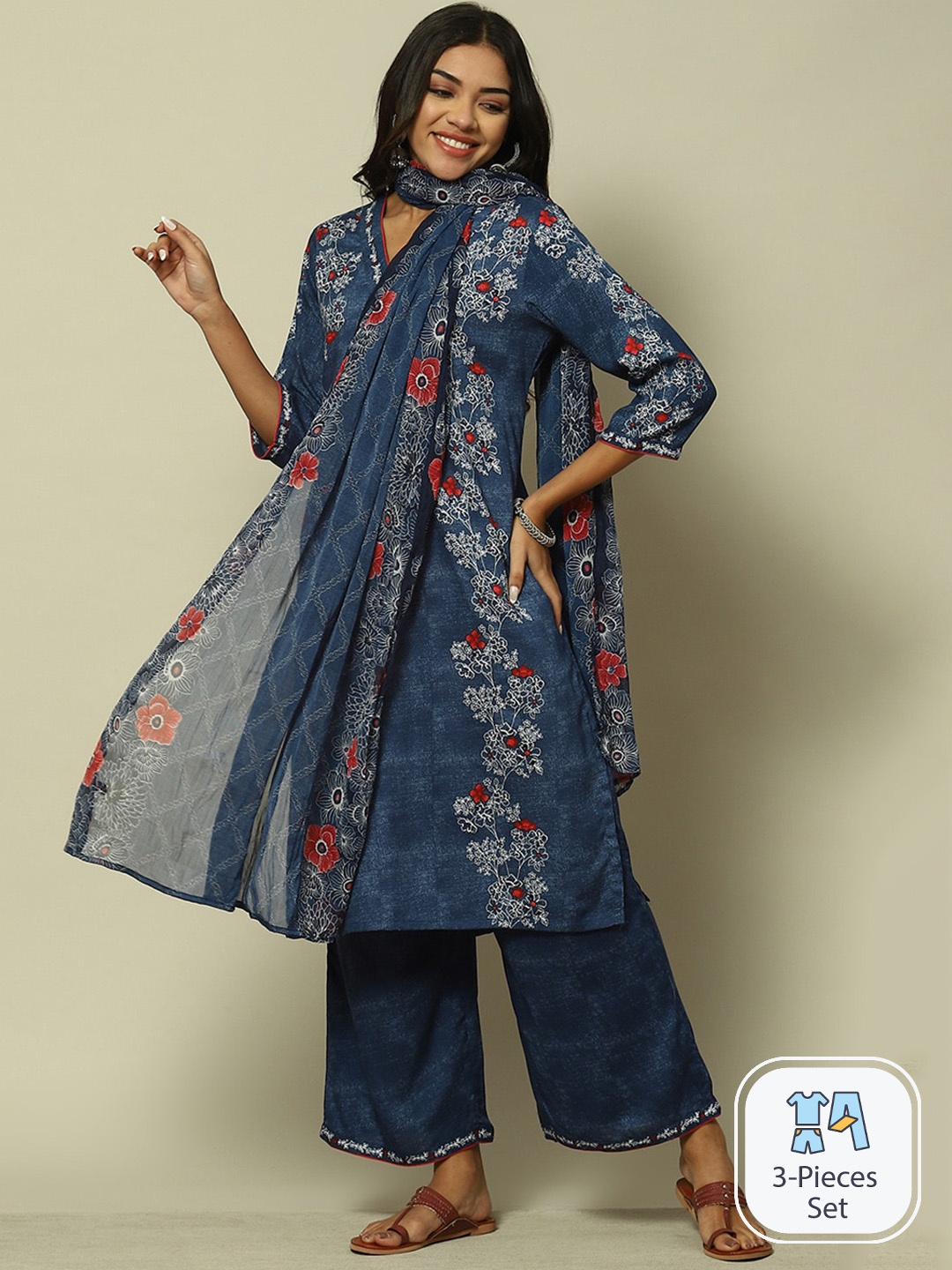 

Rangriti Floral Printed Straight Kurta & Palazzos With Dupatta, Blue