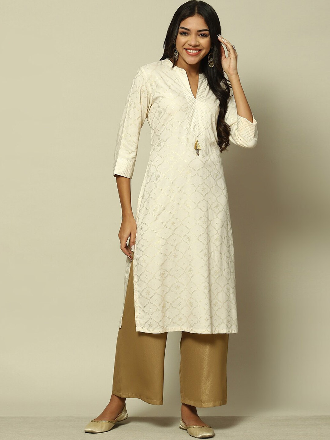 

Rangriti Ethnic Motifs Printed Mandarin Collar Kurta, Cream