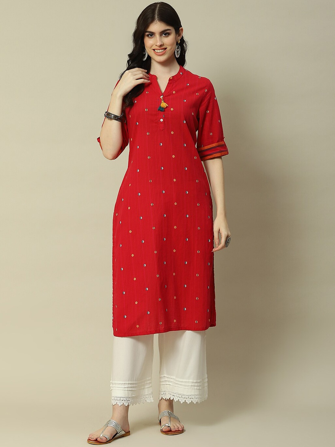 

Rangriti Ethnic Motifs Woven Design Mandarin Collar Cotton Straight Regular Kurta, Red