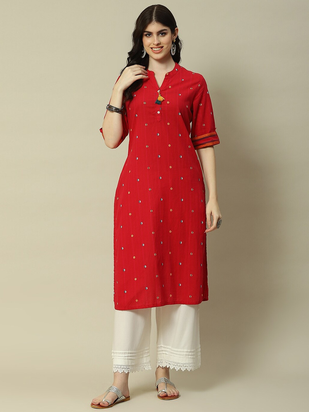 

Rangriti Geometric Printed Mandarin Collar Cotton Straight Kurta, Pink