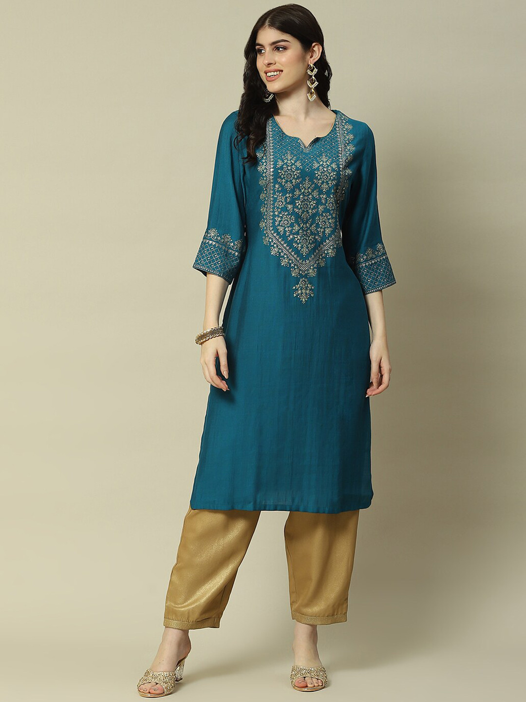 

Rangriti Ethnic Motifs Yoke Design Sequined Straight Regular Kurta, Green