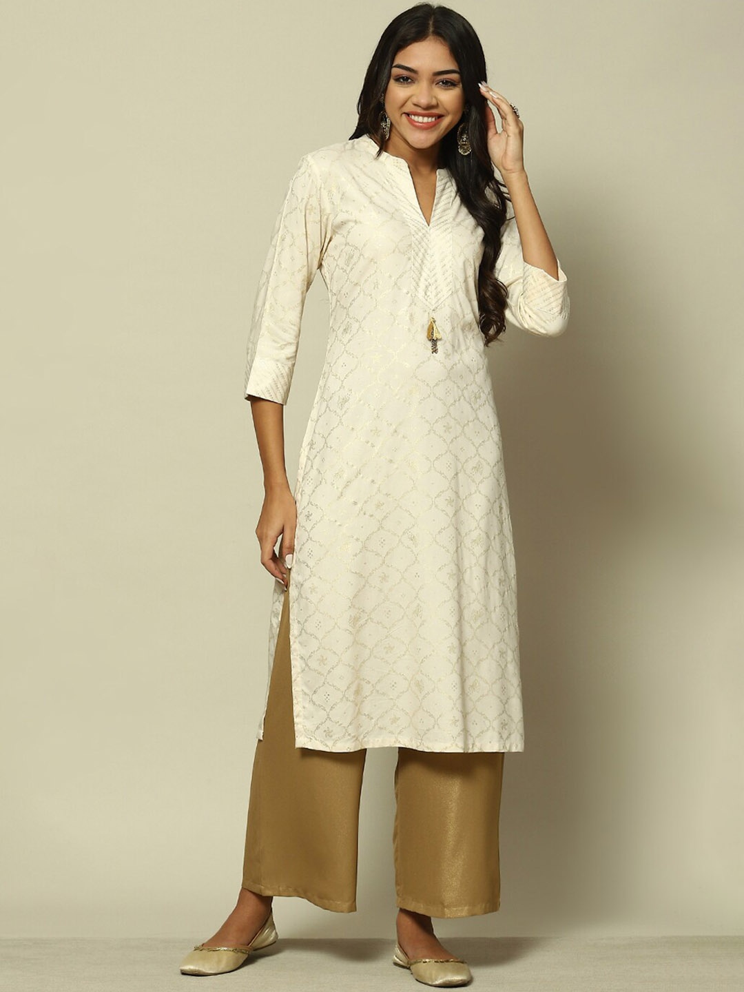 

Rangriti Ethnic Motifs Printed Mandarin Collar Kurta, Cream