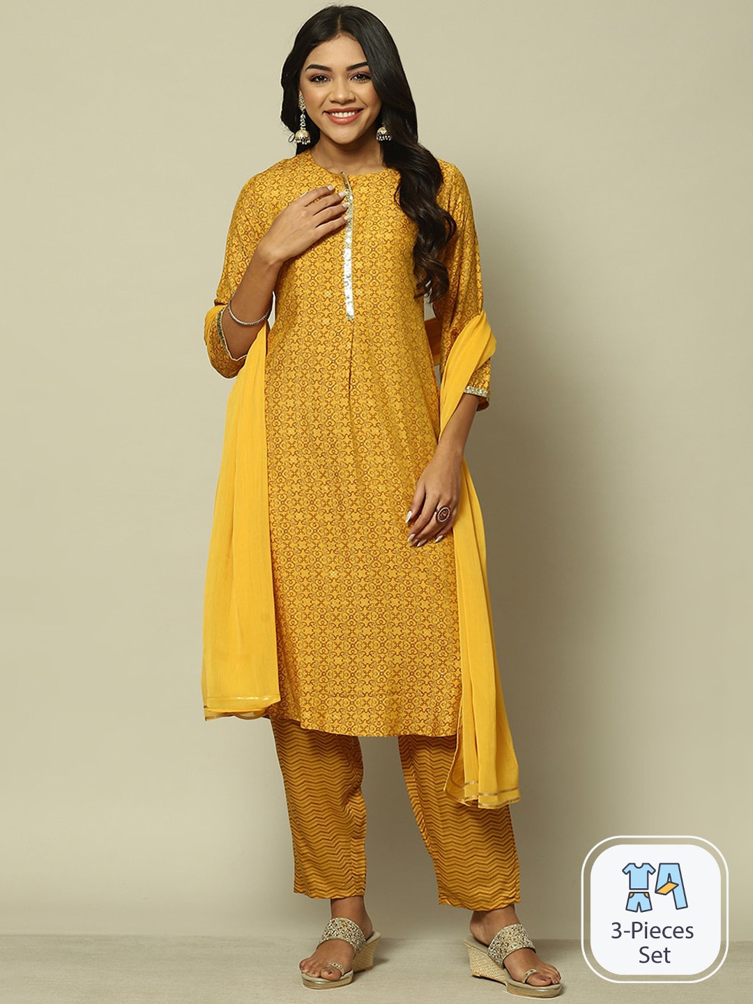 

Rangriti Ethnic Motifs Printed Regular Gotta Patti Kurta With Trousers & Dupatta, Yellow