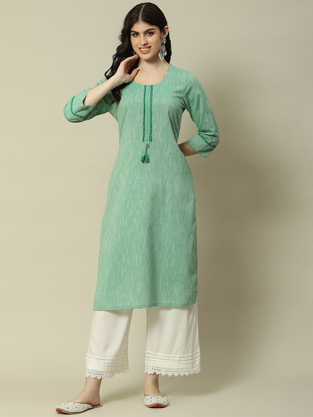 

Rangriti Striped Straight Kurta, Green