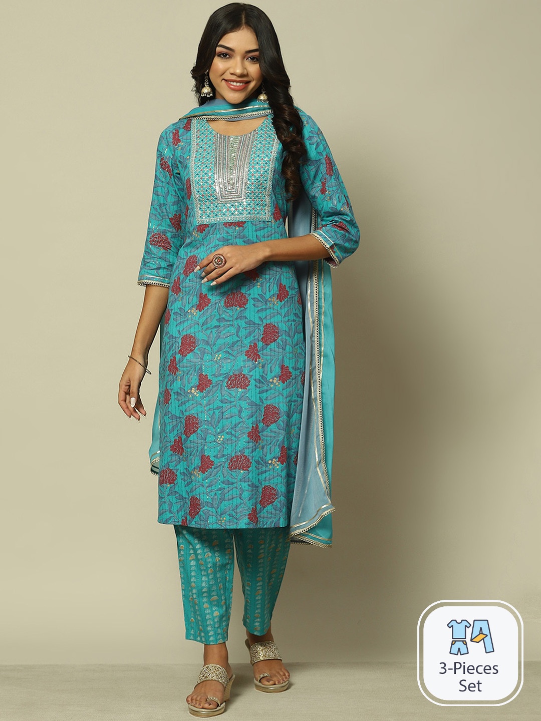 

Rangriti Floral Printed Three Work Regular Pure Cotton Kurta & Trousers With Dupatta, Blue