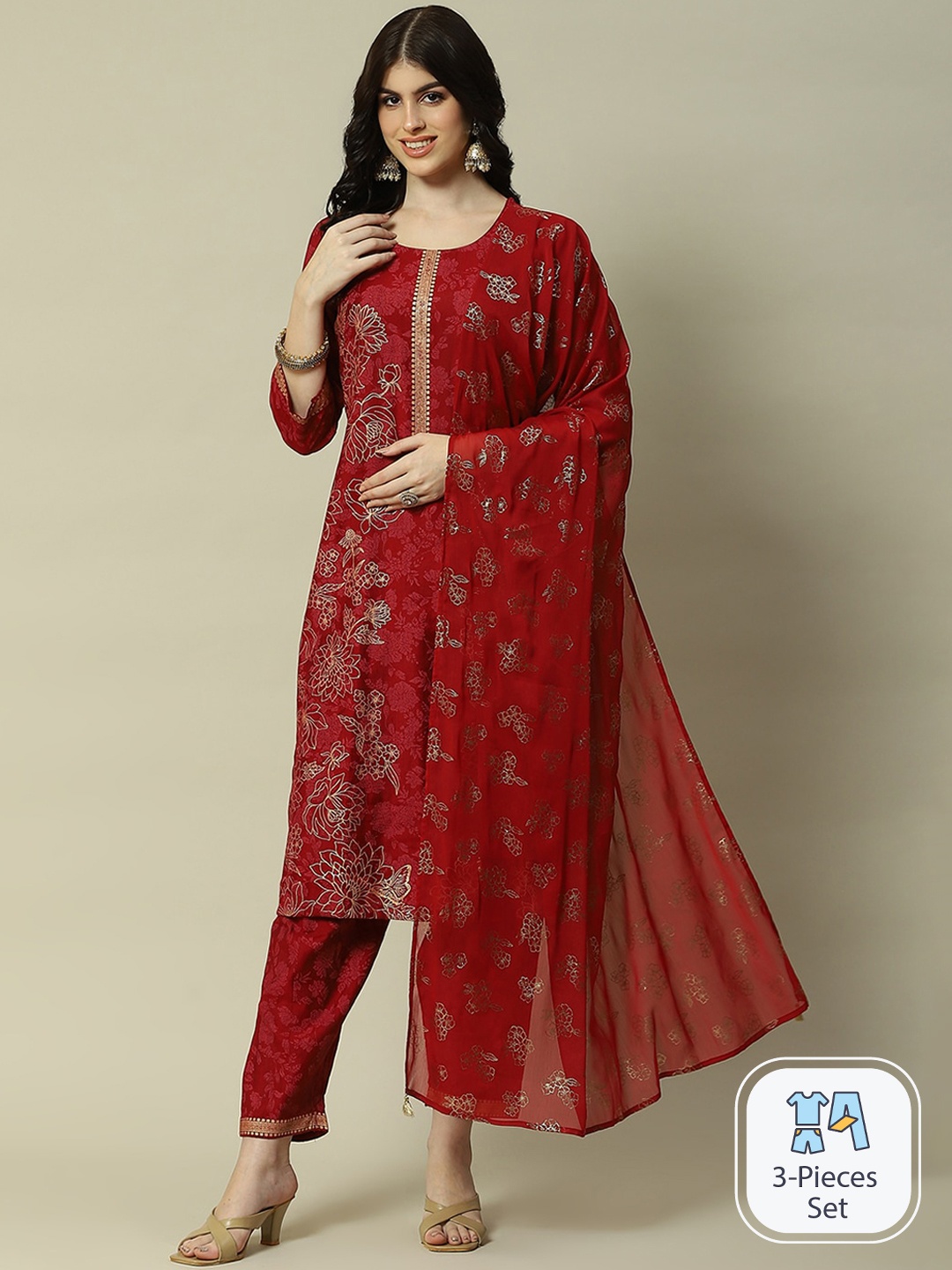 

Rangriti Floral Printed Regular Kurta With Trousers & With Dupatta, Red