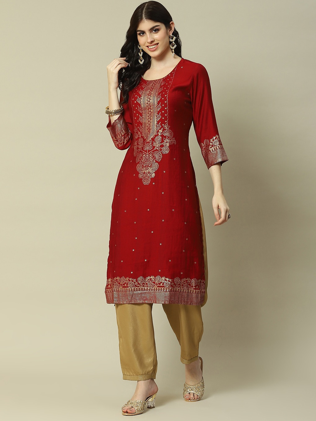 

Rangriti Ethnic Motifs Printed Straight Kurta, Maroon