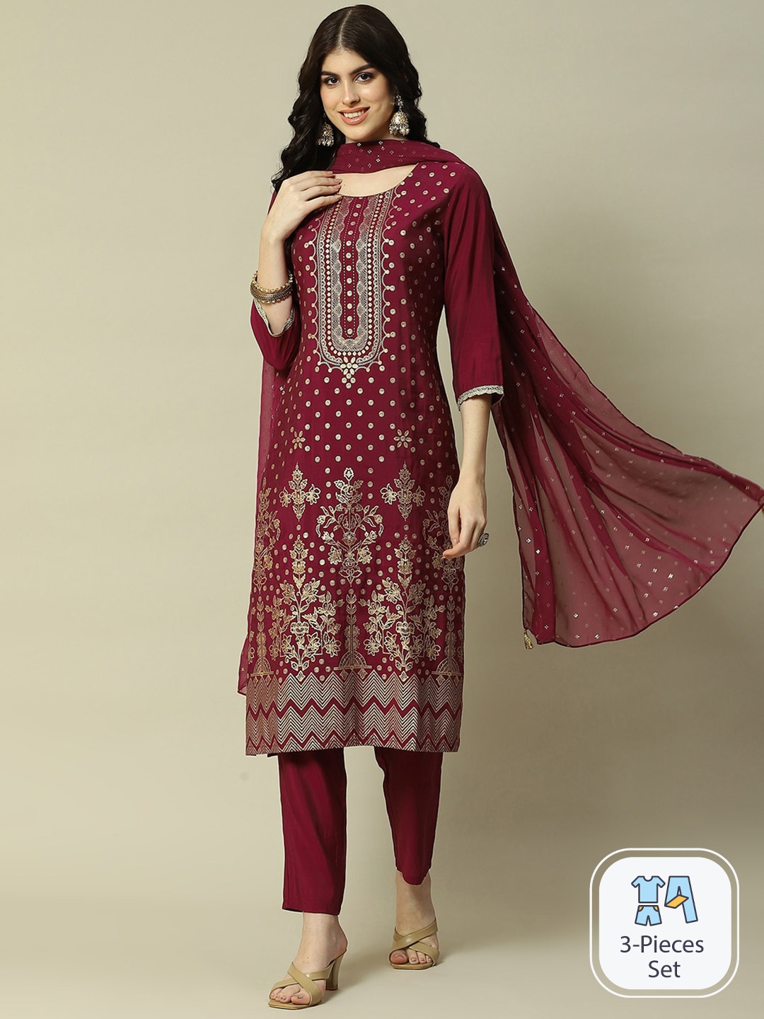 

Rangriti Floral Printed Pure Cotton Kurta with Trousers & With Dupatta, Purple