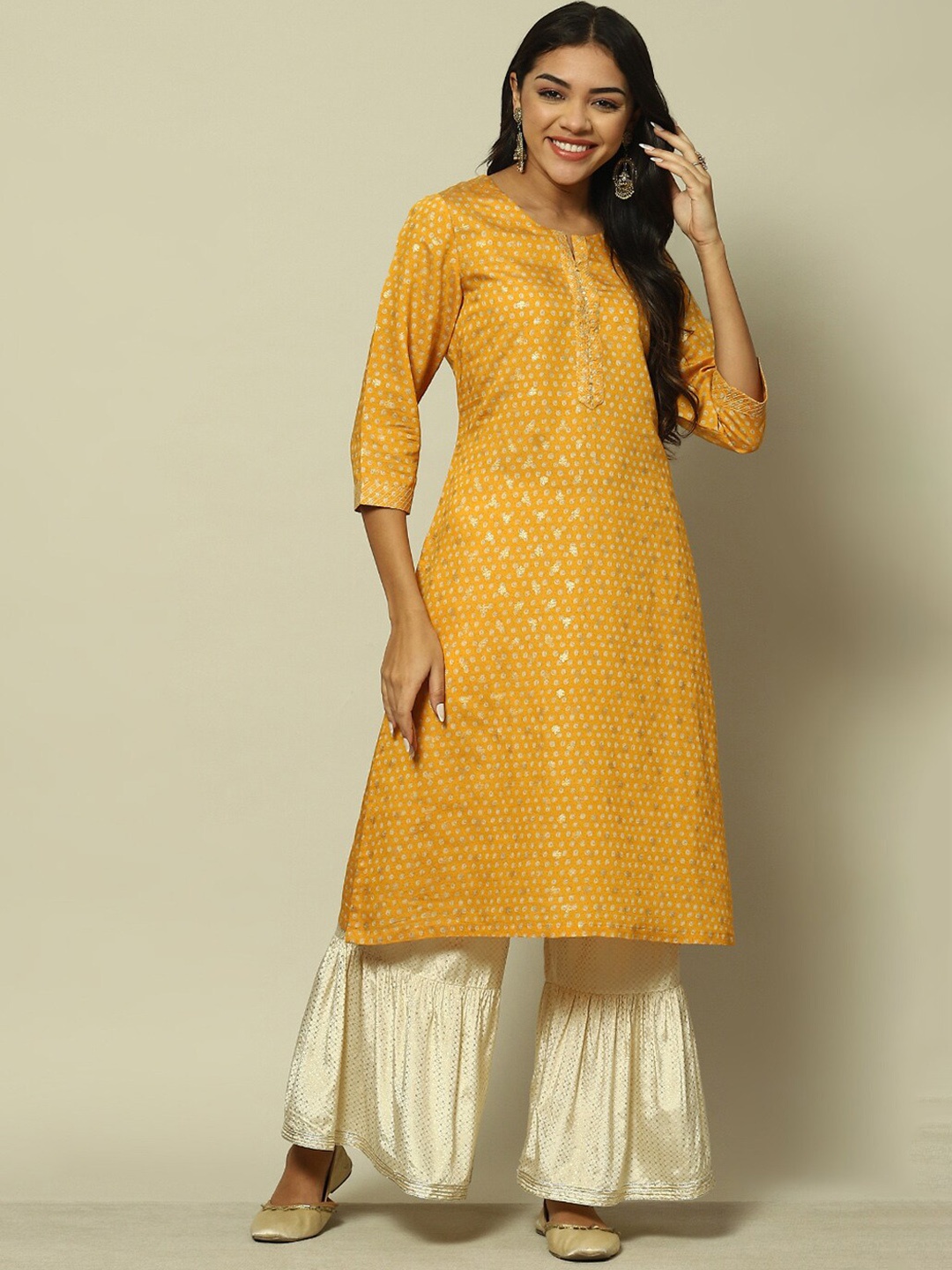 

Rangriti Ethnic Motif Printed Straight Kurta, Yellow