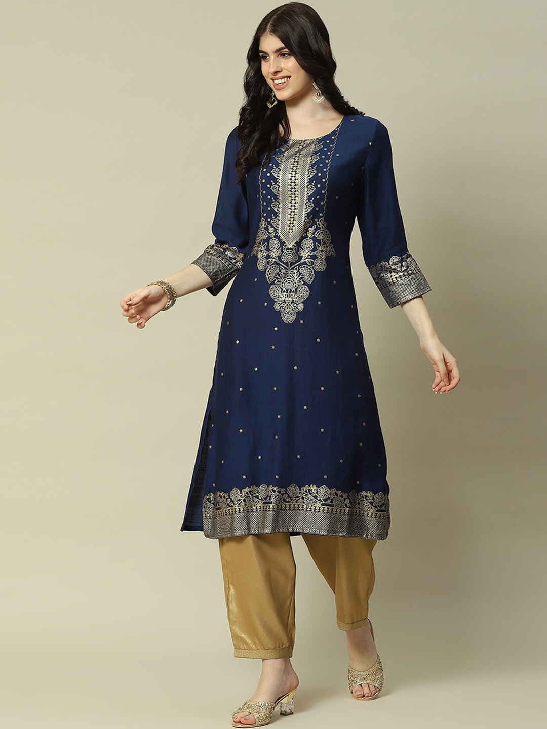 

Rangriti Ethnic Motifs Printed Straight Kurta, Navy blue
