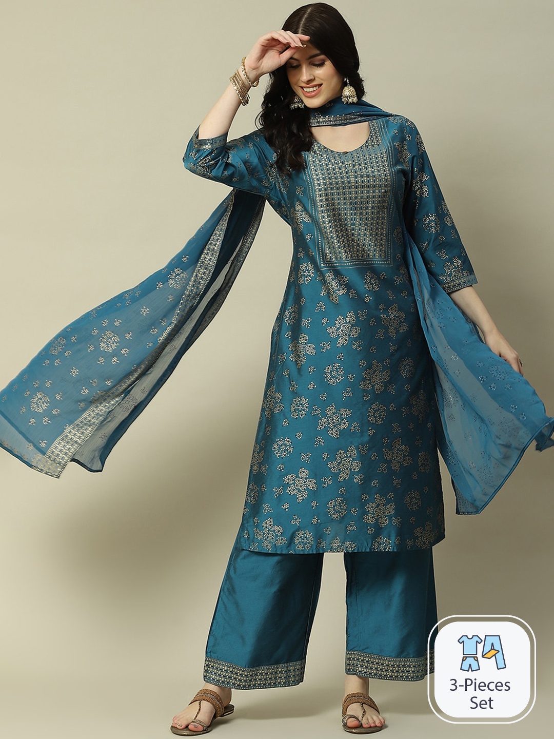 

Rangriti Floral Printed Regular Kurta With Palazzos & With Dupatta, Teal