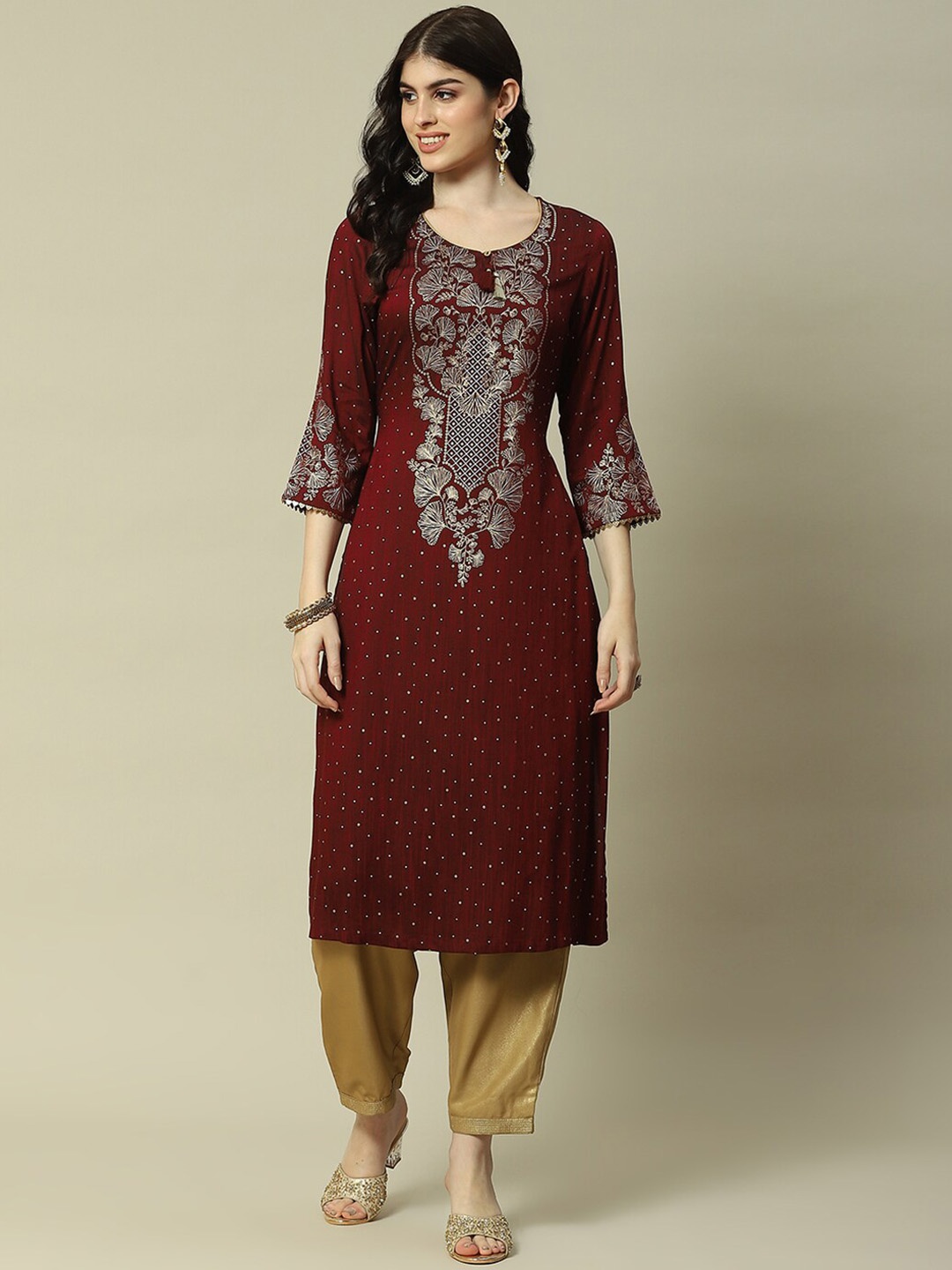 

Rangriti Floral Printed Keyhole Neck Kurta, Maroon