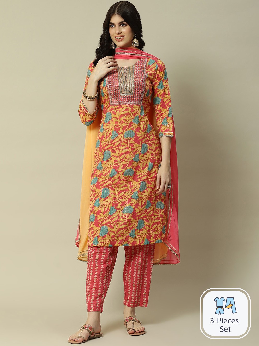 

Rangriti Floral Printed Regular Gotta Patti Pure Cotton Kurta With Trousers & Dupatta, Pink