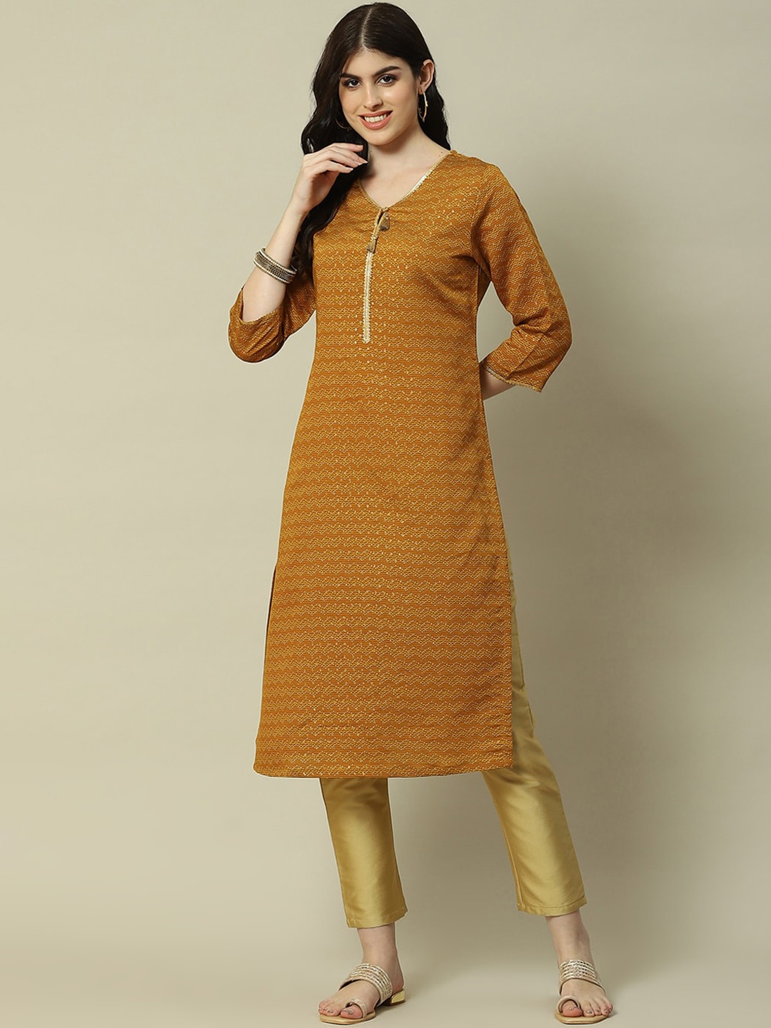 

Rangriti Women Woven Design Straight Kurta, Mustard