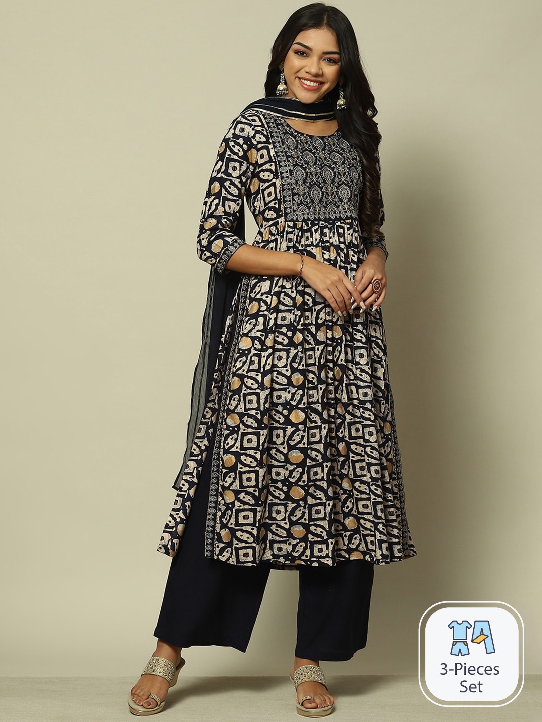 

Rangriti Ethnic Motifs Embroidered Gotta Patti Pure Cotton Kurta With Palazzos & Dupatta, Blue