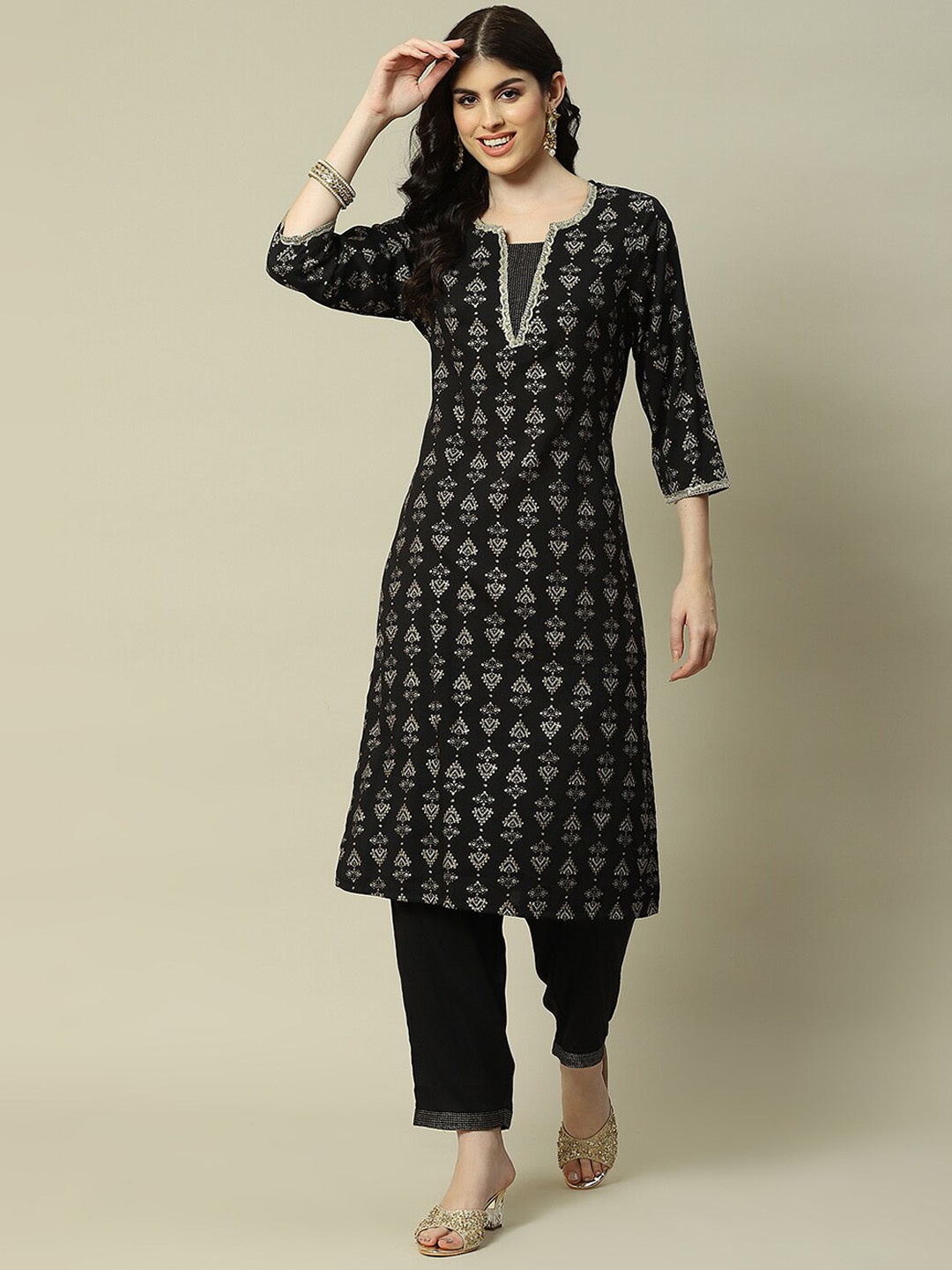 

Rangriti Ethnic Motifs Printed Regular Sequinned Kurta With Trousers, Black