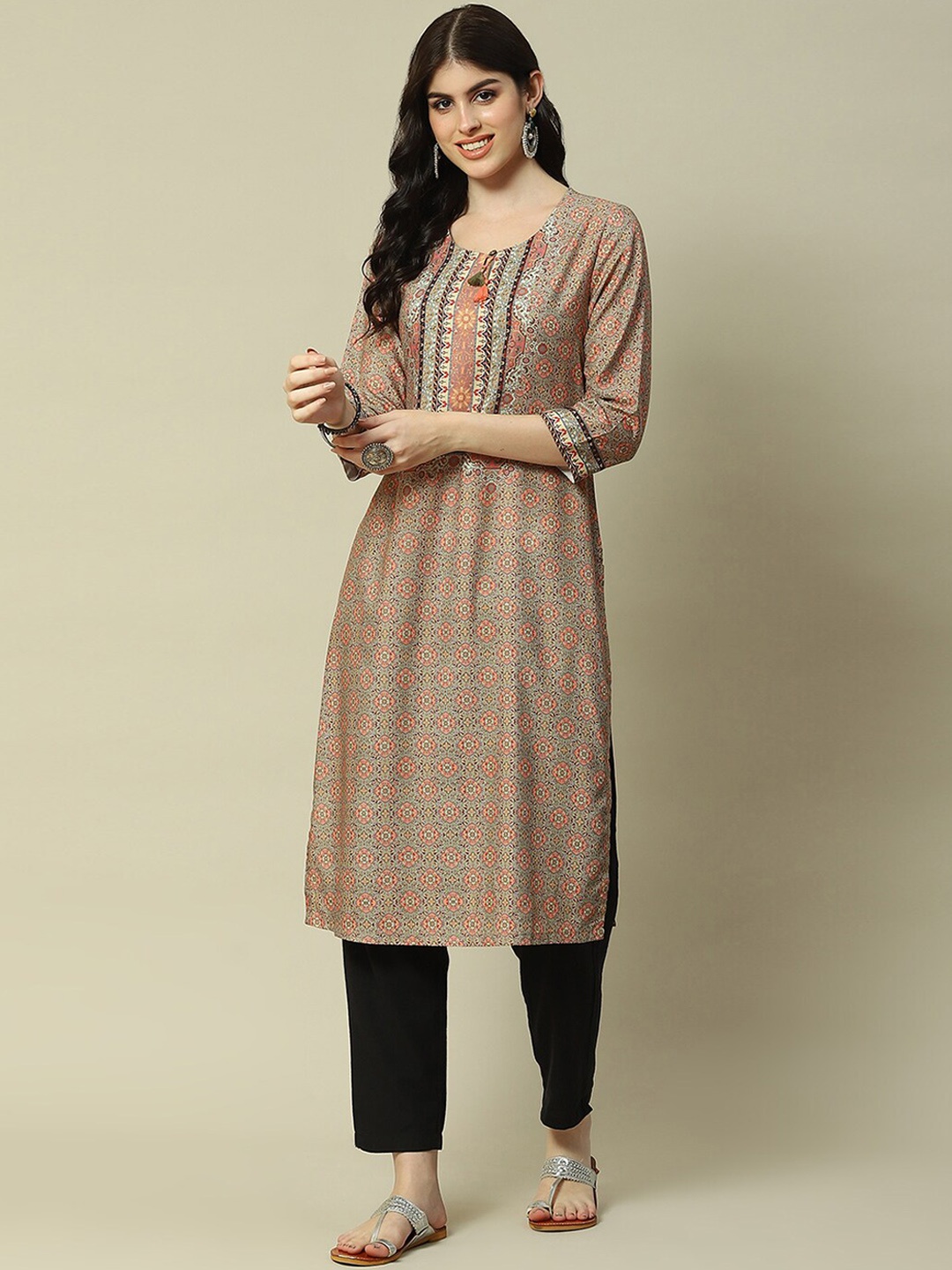 

Rangriti Ethnic Motifs Printed Keyhole Neck Kurta, Grey