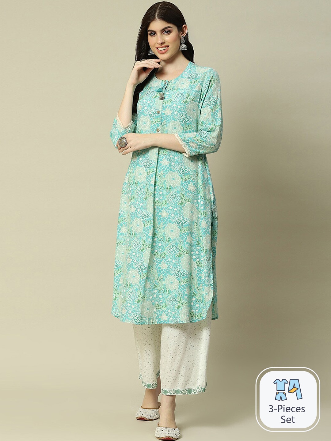 

Rangriti Floral Printed Round Neck Kurta, Green