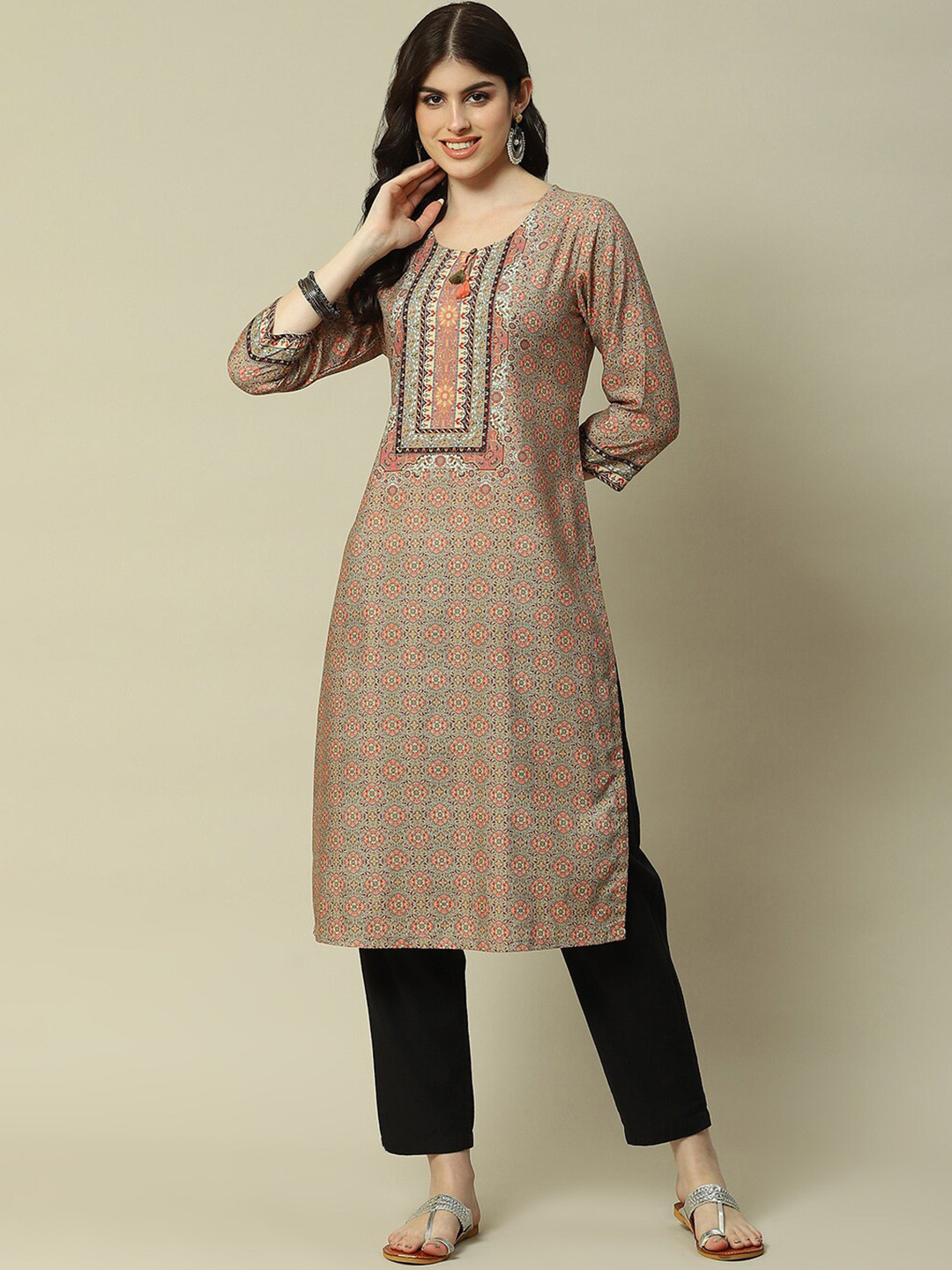 

Rangriti Women Ethnic Motifs Printed Straight Kurta, Grey