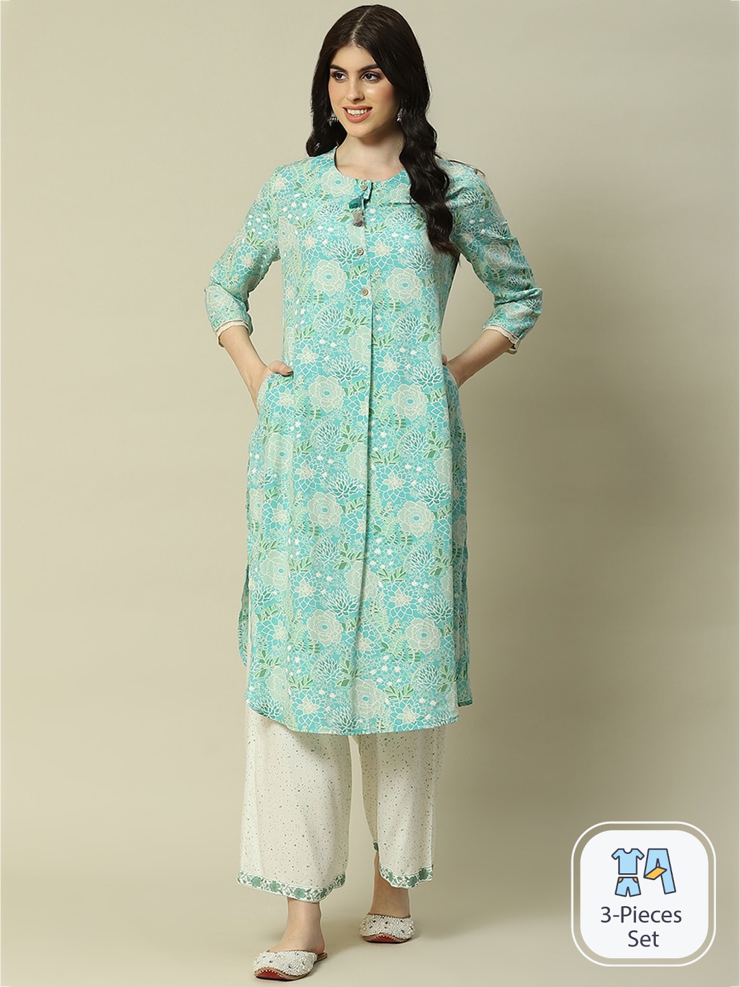 

Rangriti Floral Printed Round Neck Kurta, Green
