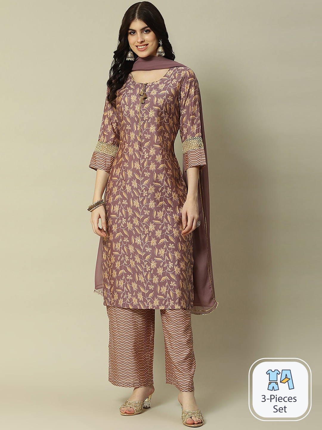 

Rangriti Floral Printed Kurta with Palazzos & With Dupatta, Grey