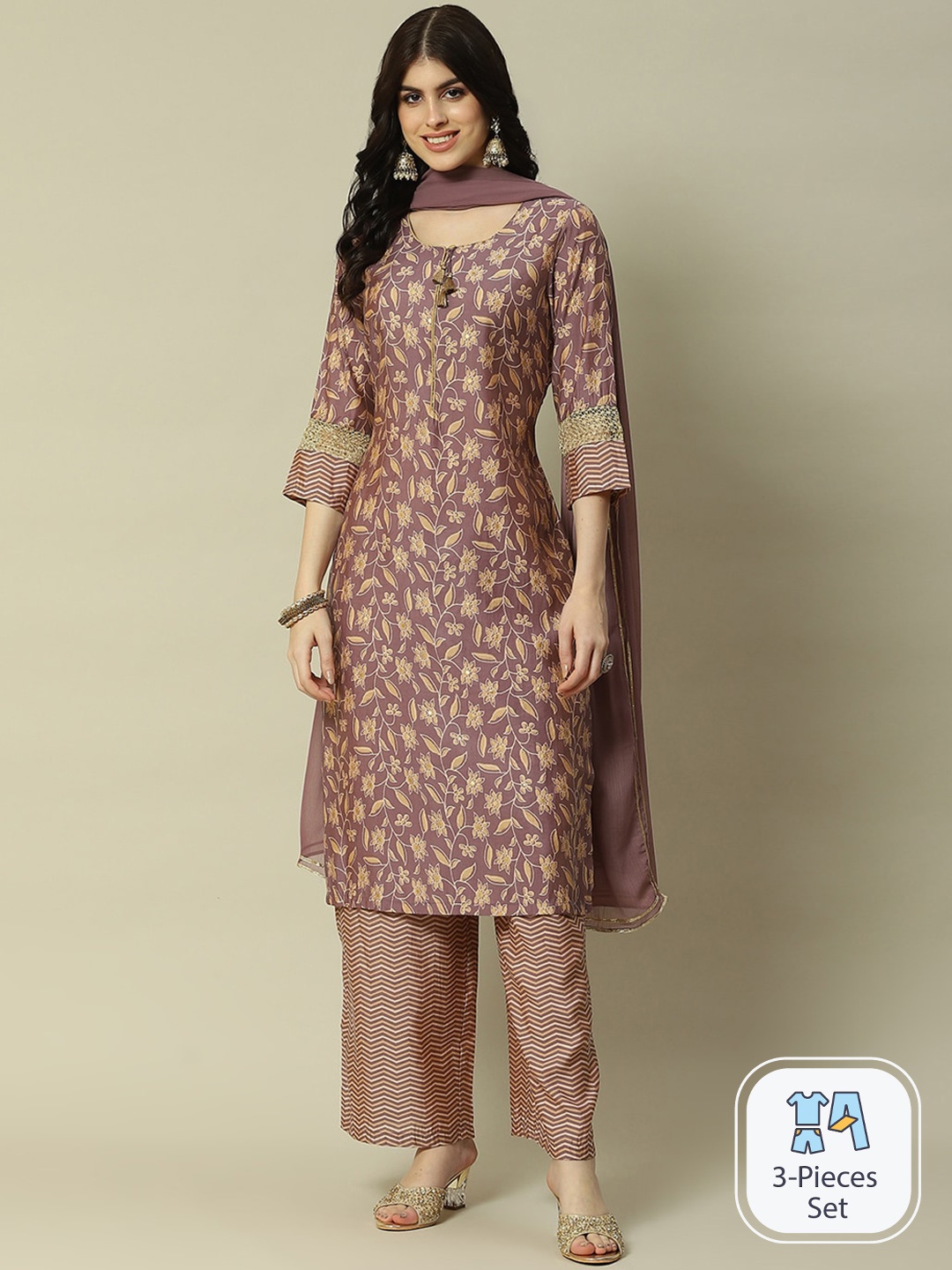 

Rangriti Floral Printed Regular Gotta Patti Kurta With Palazzos & Dupatta, Grey