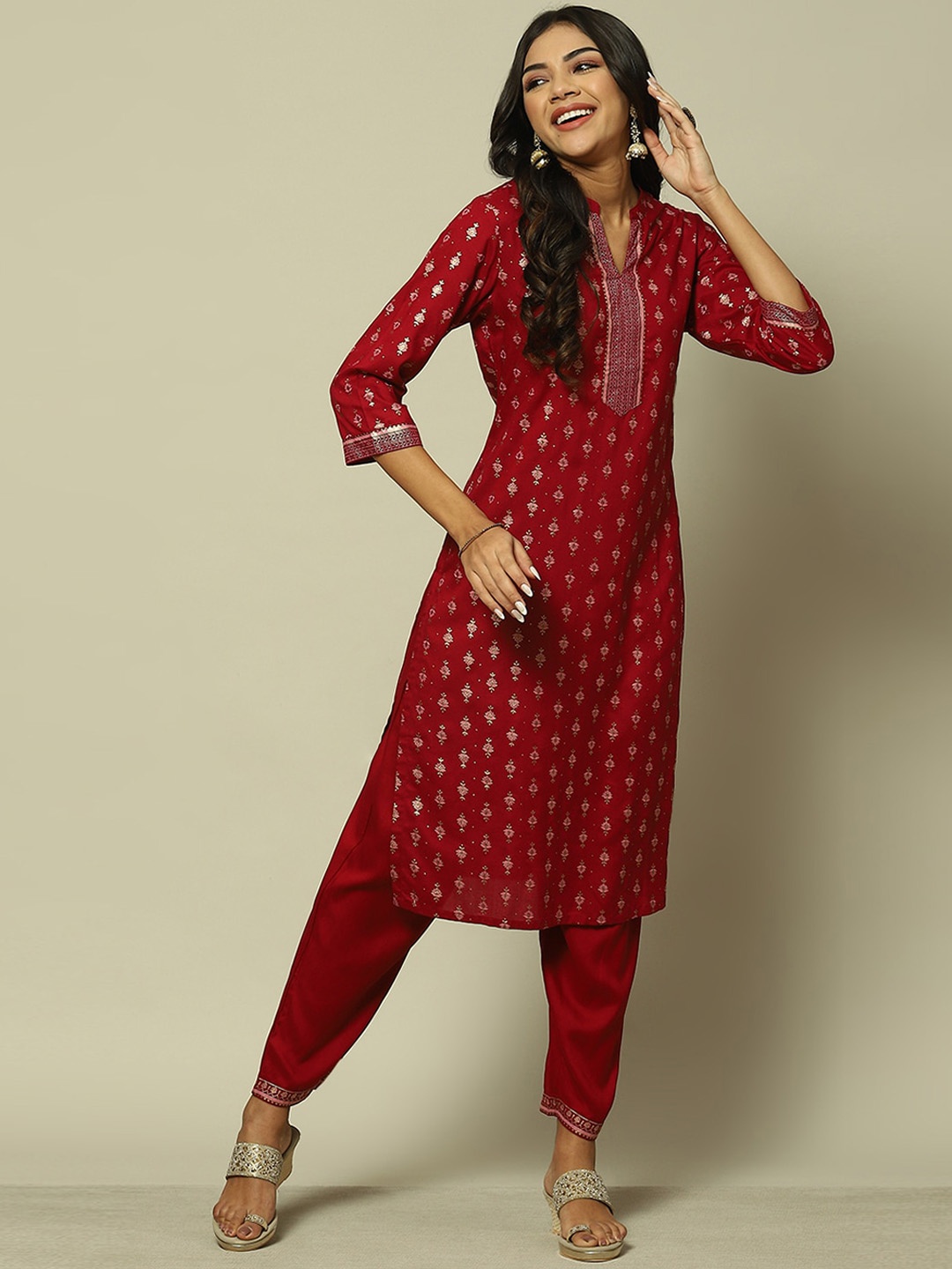 

Rangriti Ethnic Motifs Printed Band Collar Kurta with Trousers, Pink