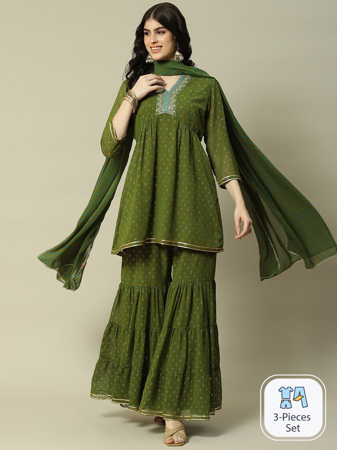 

Rangriti Geometric Printed Kurta With Sharara & Dupatta, Green