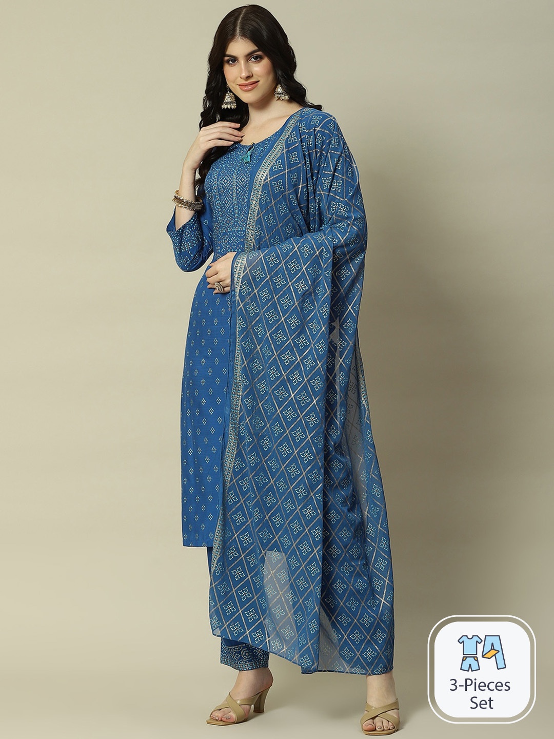 

Rangriti Bandhani Printed Straight Kurta & Palazzos With Dupatta, Blue