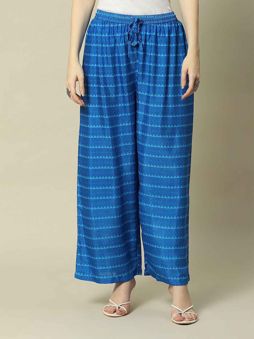

Rangriti Striped Ethnic Wide Leg Fit Palazzos, Blue