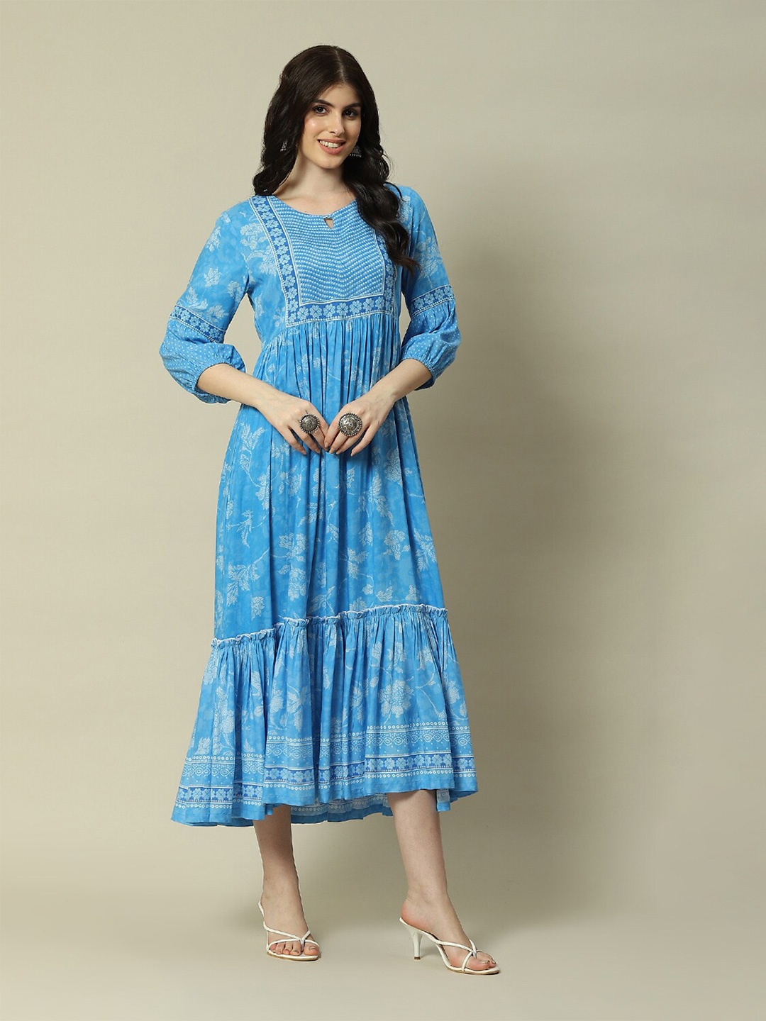 

Rangriti Floral Printed Gathered Detailed Fit & Flare Midi Ethnic Dress, Blue