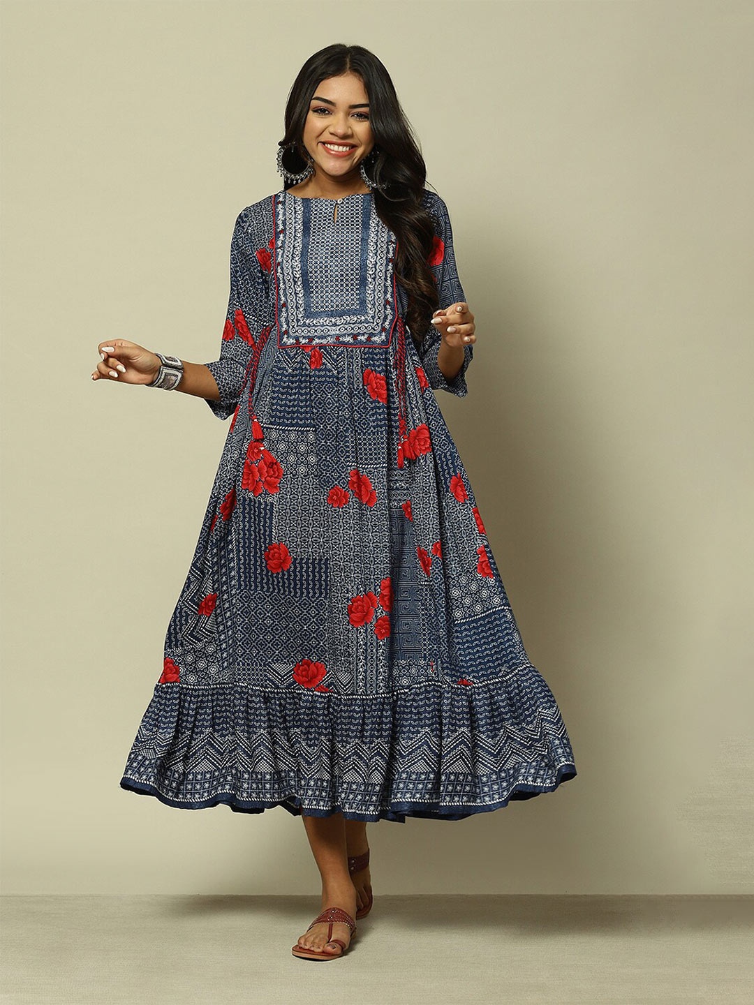 

Rangriti Ethnic Motifs Printed Gathered Detailed Fit & Flare Midi Ethnic Dress, Navy blue