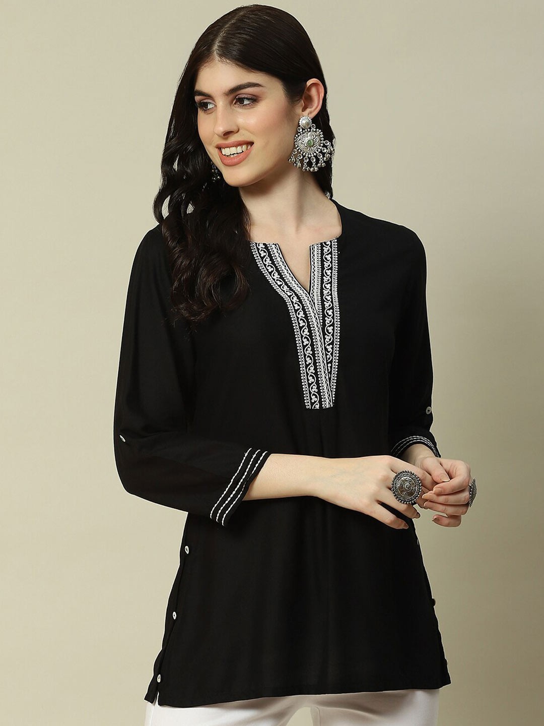 

Rangriti Notched Round Neck Embroidered Top, Black