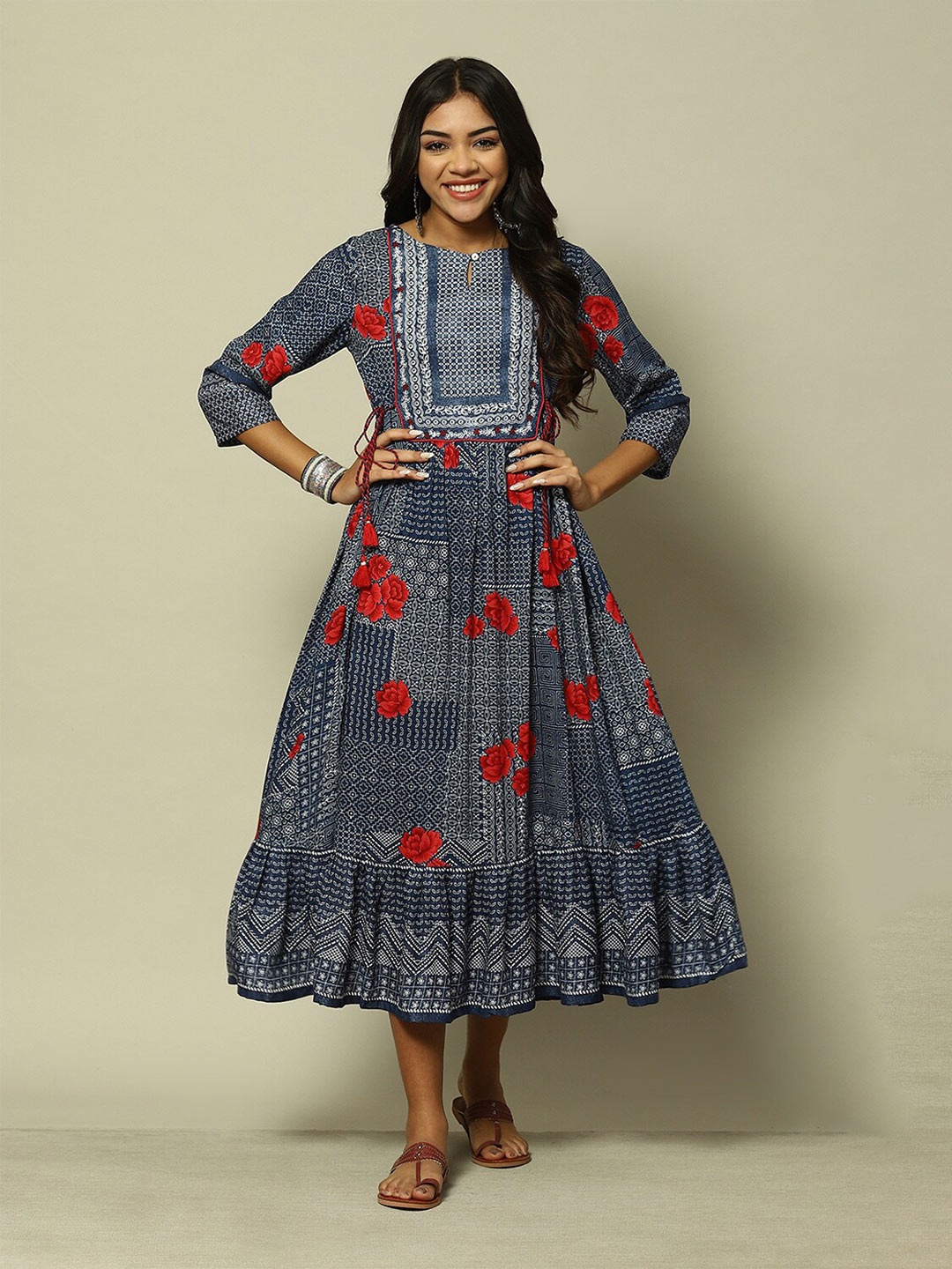 

Rangriti Ethnic Motifs Printed Gathered Detailed Fit & Flare Midi Ethnic Dress, Navy blue