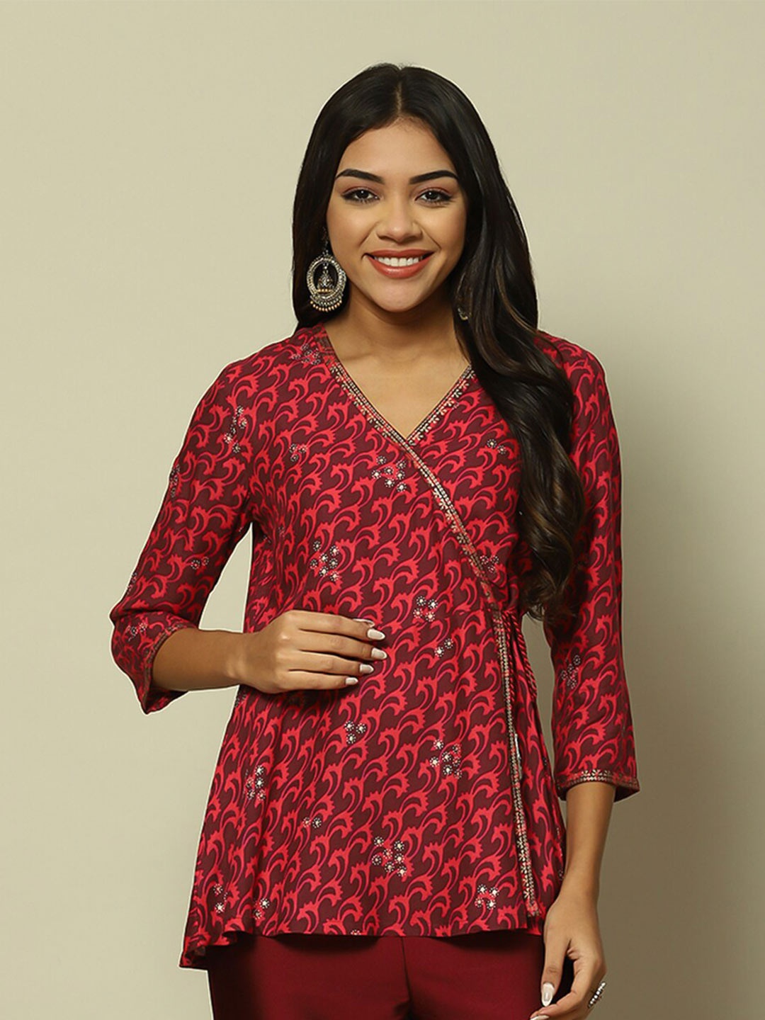 

Rangriti Abstract Printed V-Neck Wrap Top, Maroon