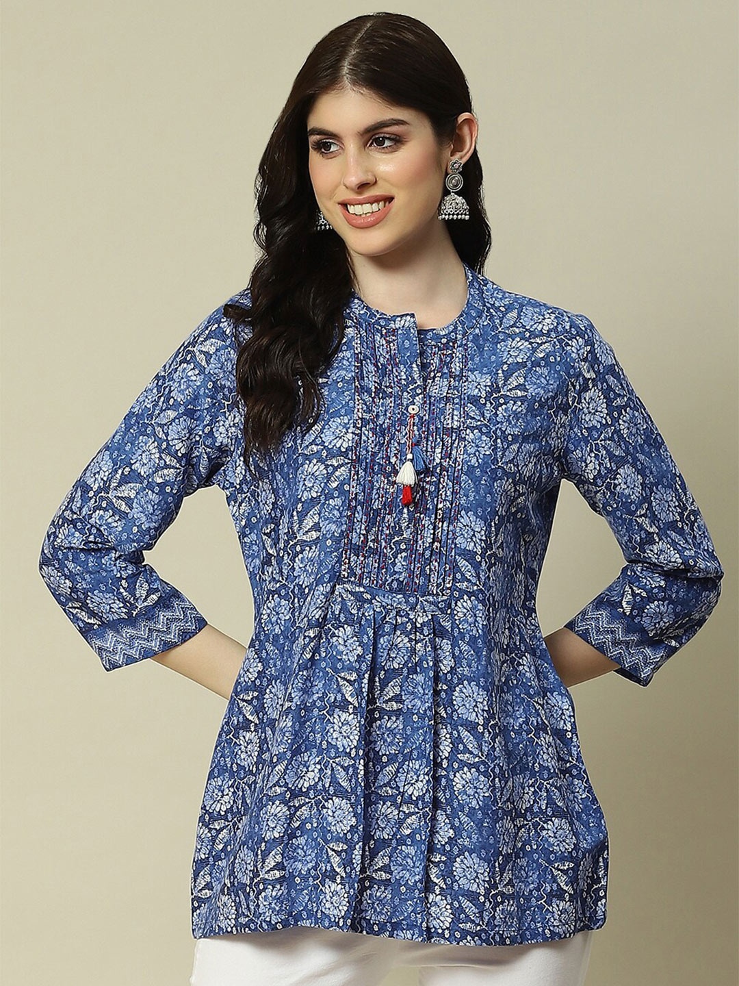 

Rangriti Floral Printed Mandarin Collar Top, Blue