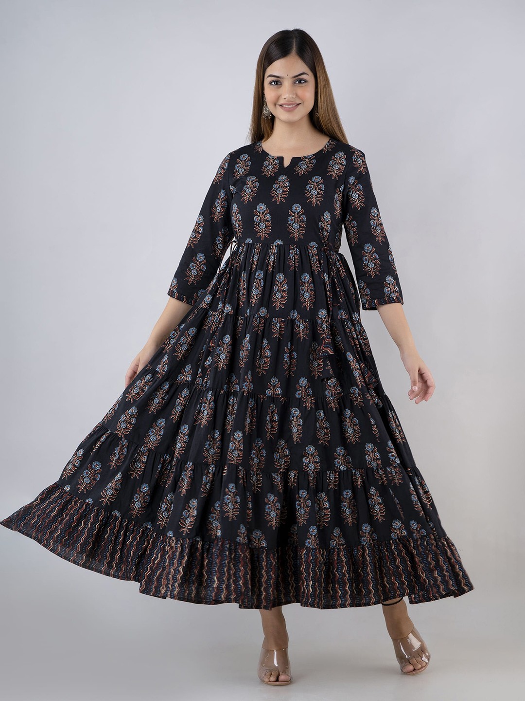

Mizaz Ethnic Motifs Printed Cotton Anarkali Dresses, Black