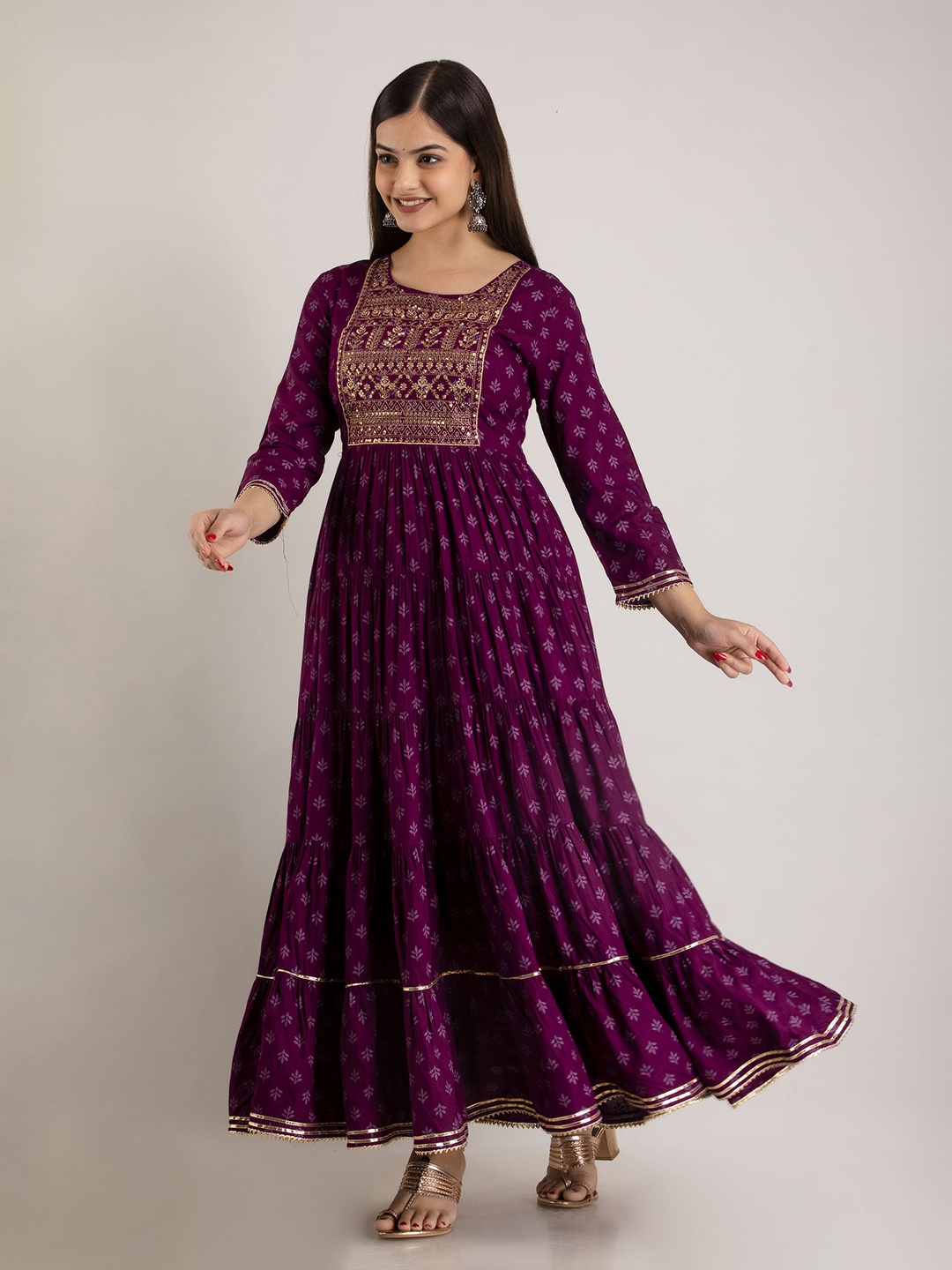 

Mizaz Ehnic Motifs Printed Layered Anarkali Ethnic Dresses, Maroon