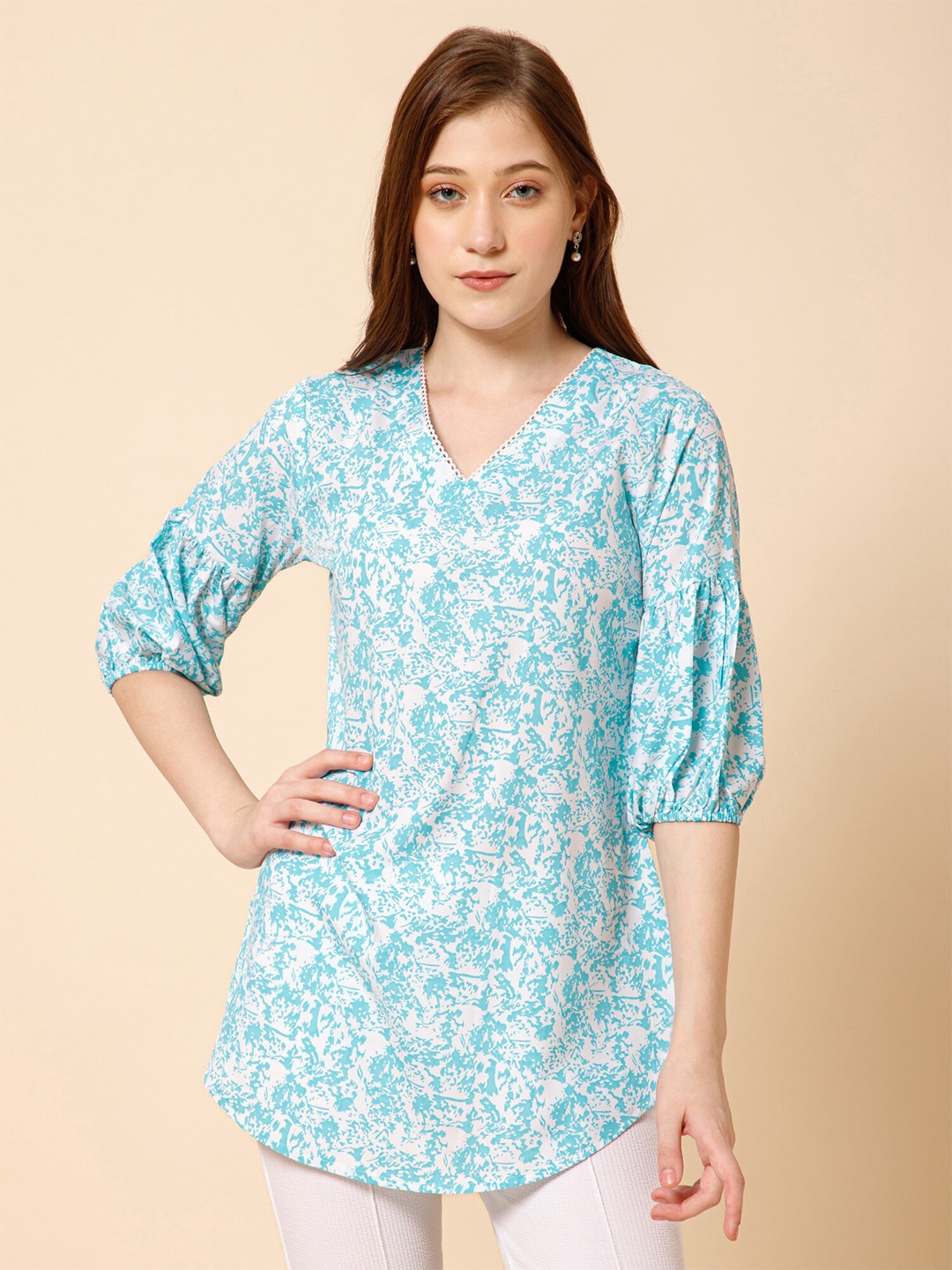 

Fbella Floral Print Crepe Top, Turquoise blue