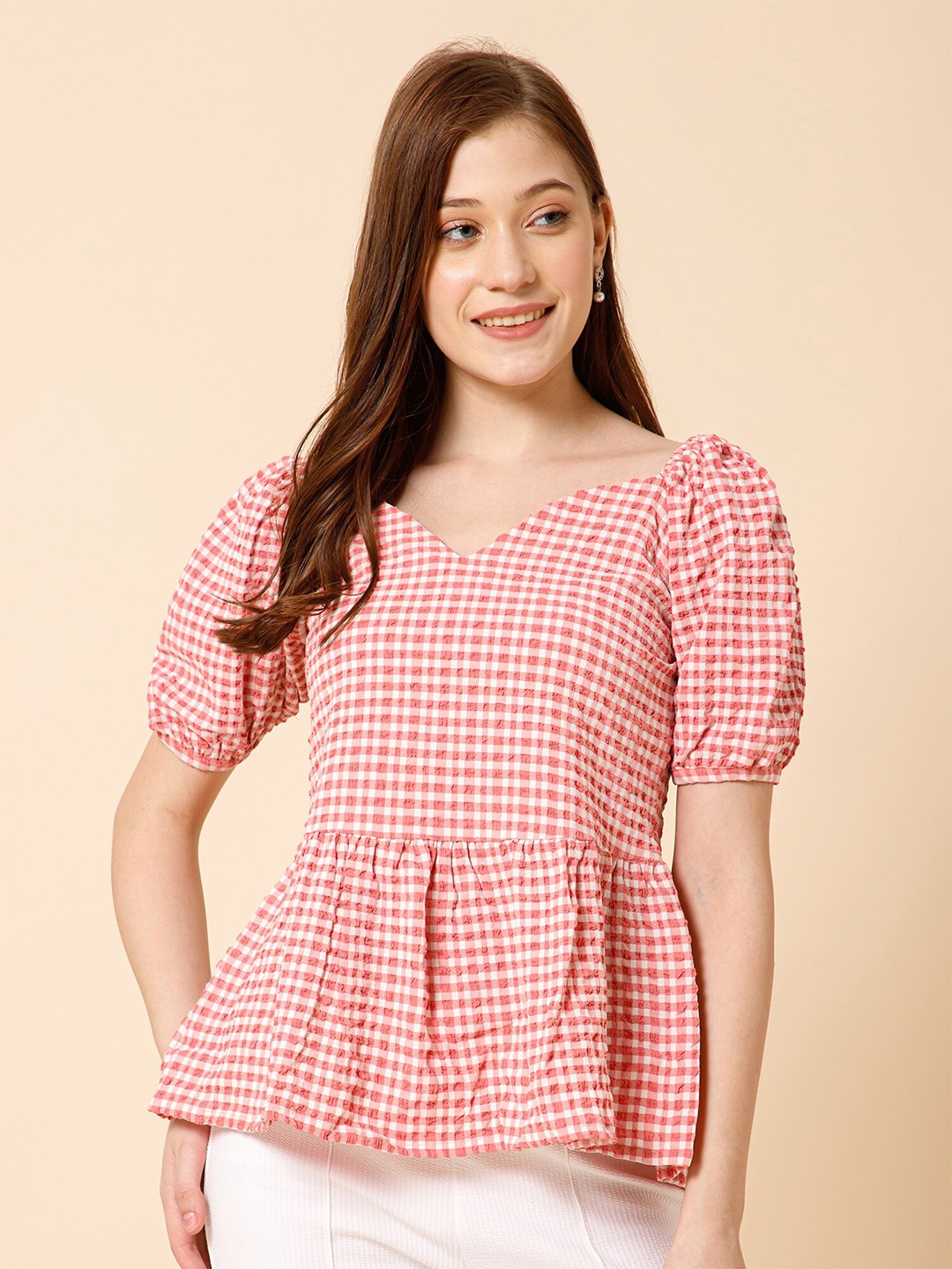 

Fbella Pink Checked Puff Sleeve Crepe Peplum Top