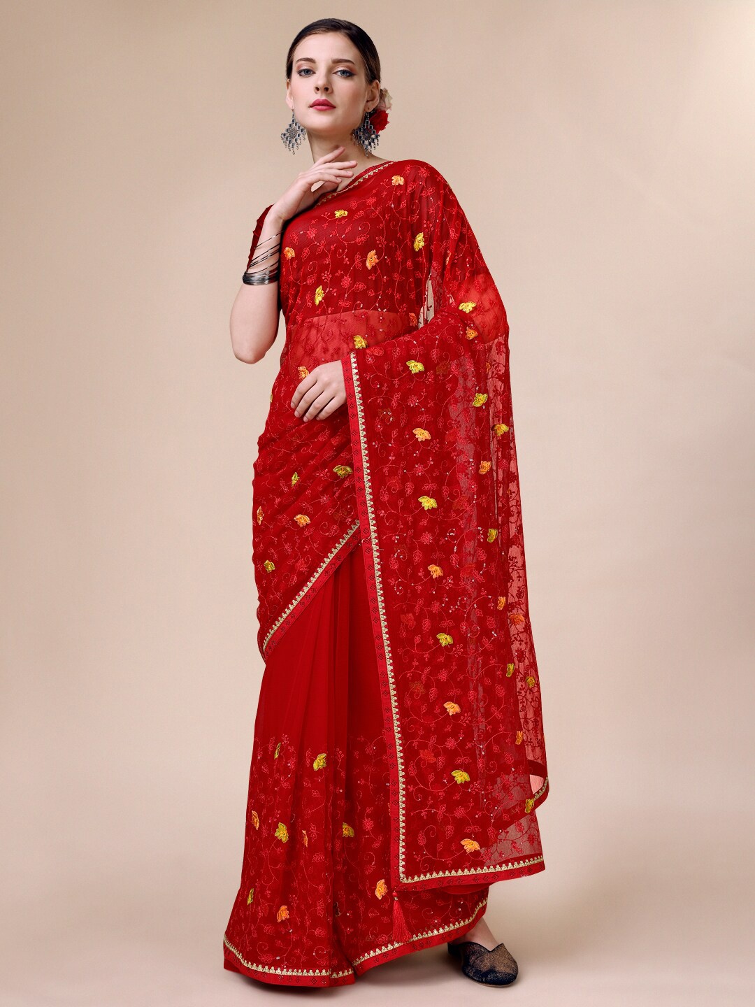 

Indian Women Floral Woven Design Sequinned Pure Chiffon Saree, Red