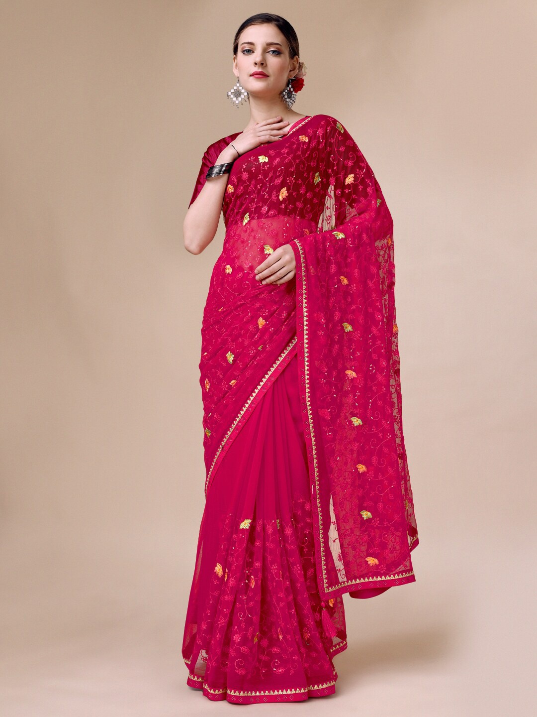 

Indian Women Floral Woven Design Sequinned Pure Silk Saree, Maroon