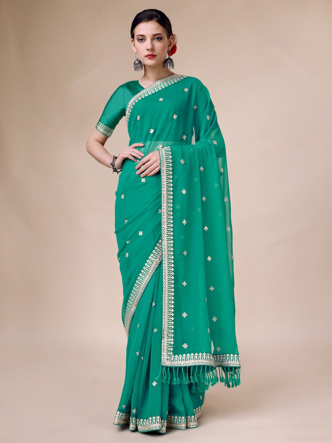

Indian Women Ethnic Motifs Embroidered Sequinned Pure Chiffon Saree, Sea green